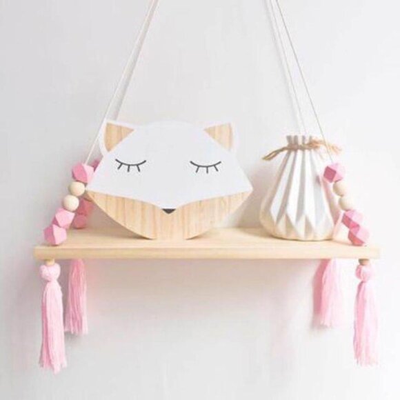 Nordic Wooden Hanging Shelf with Pink Beads and Tassels | Boho Nursery Wall Deco - Picture 1 of 5